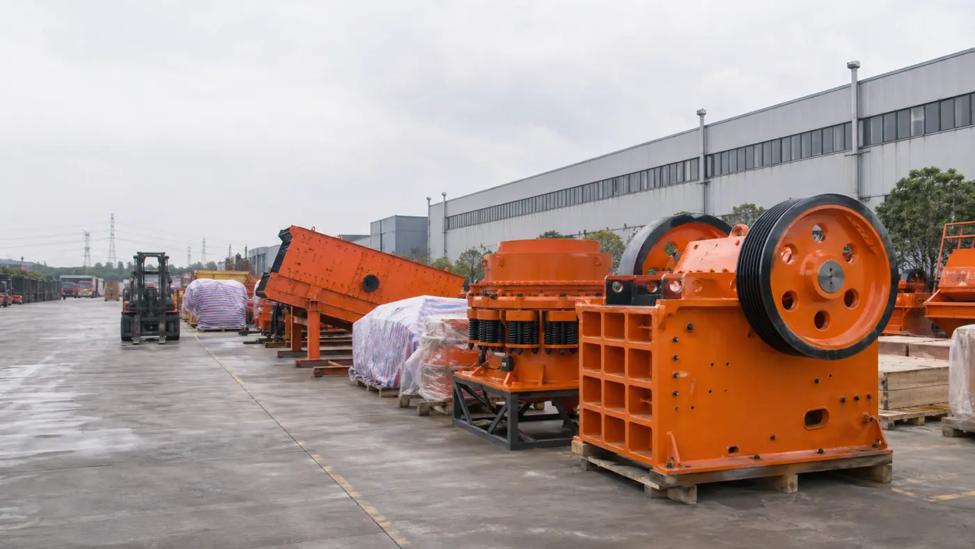 Mining equipment yard with crushers and conveyors